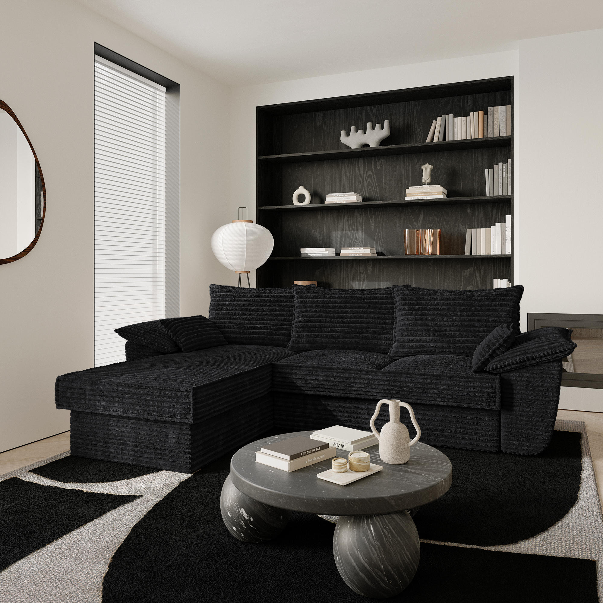 ECKSOFA LINKS Gerippter Samt XXL Schwarz 257cm - Schwarz, Textil (168/257cm) - Sia Home