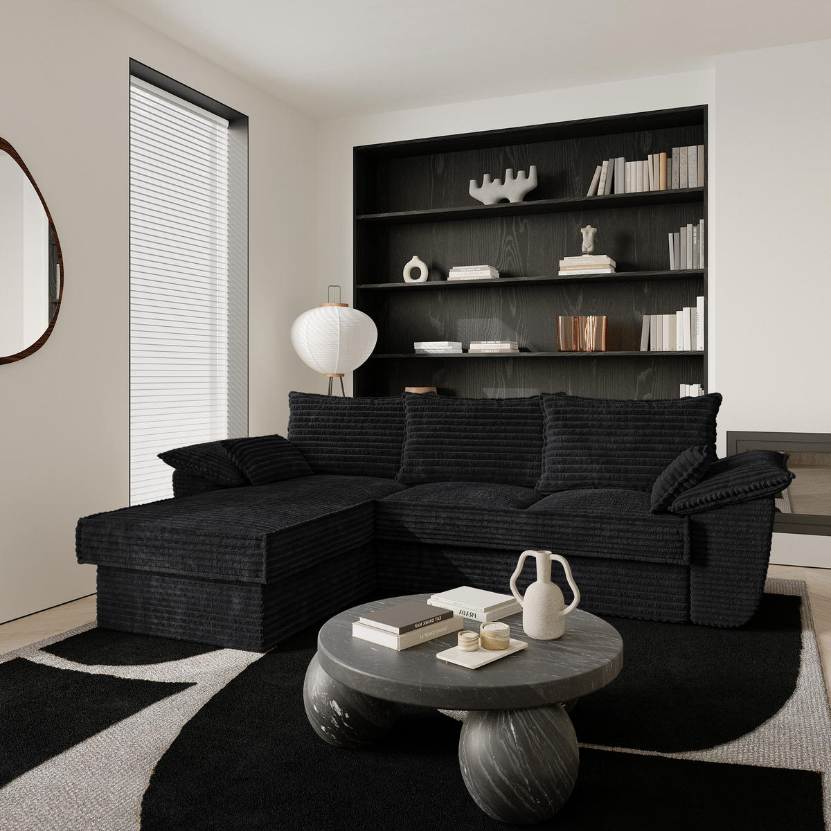 ECKSOFA LINKS Gerippter Samt XXL Schwarz 257cm - Schwarz, Textil (168/257cm) - Sia Home