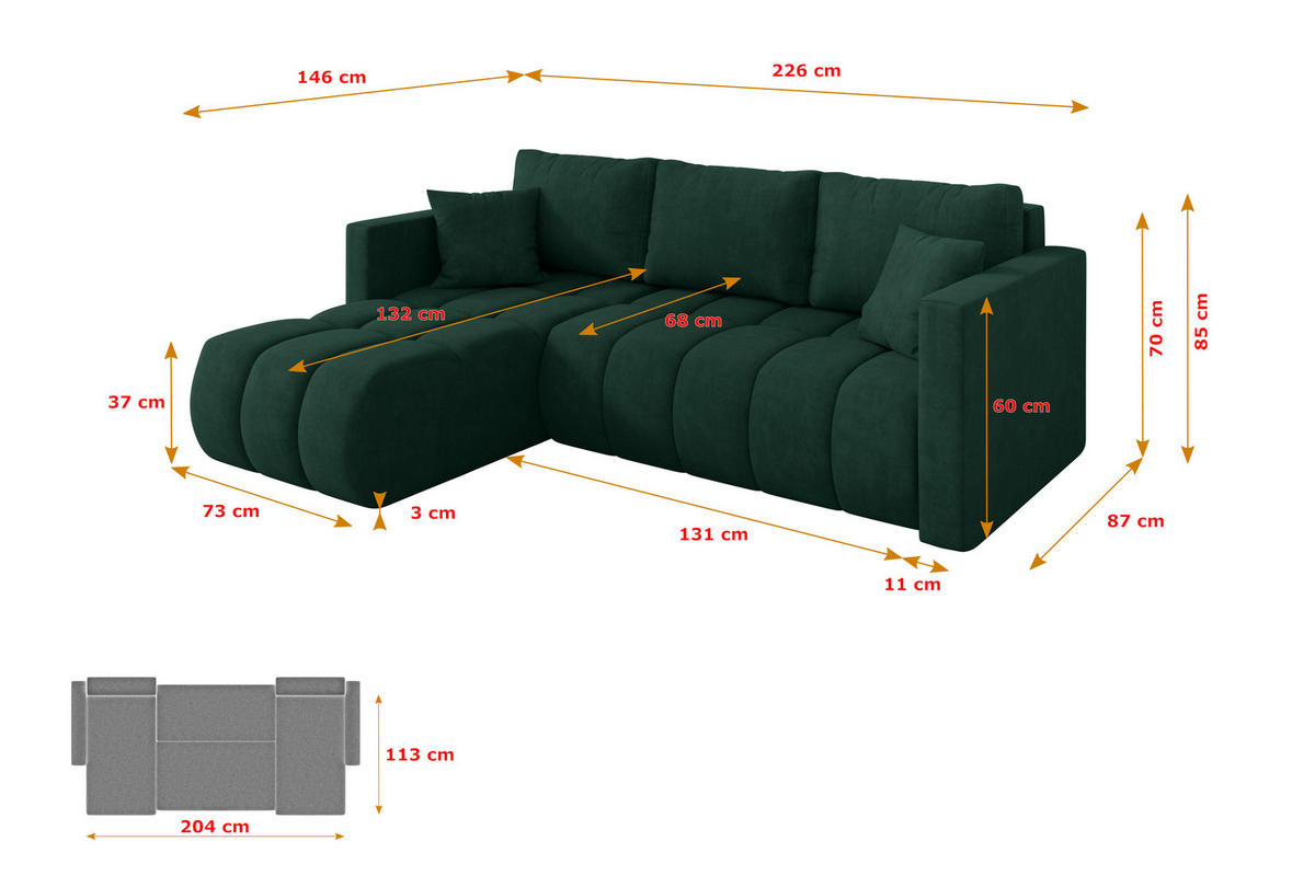 ROHOVÁ SEDAČKA s funkcí spaní, otoman vlevo GARD-L 226x146x85 zelená velur - černá/zelená barva, kompozitní dřevo/textil (226/146cm) - ALTDECOR