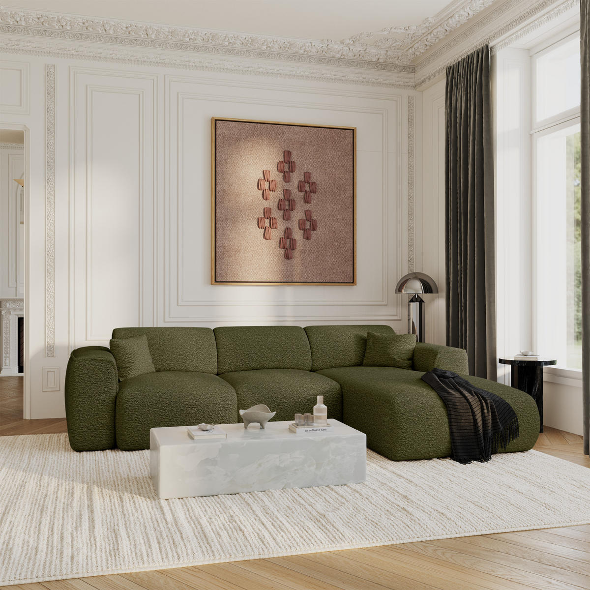 ECKSCHLAFSOFA Bouclé-Stoff Olivgrün 283cm - Olivgrün, Textil (283/180cm) - Sia Home