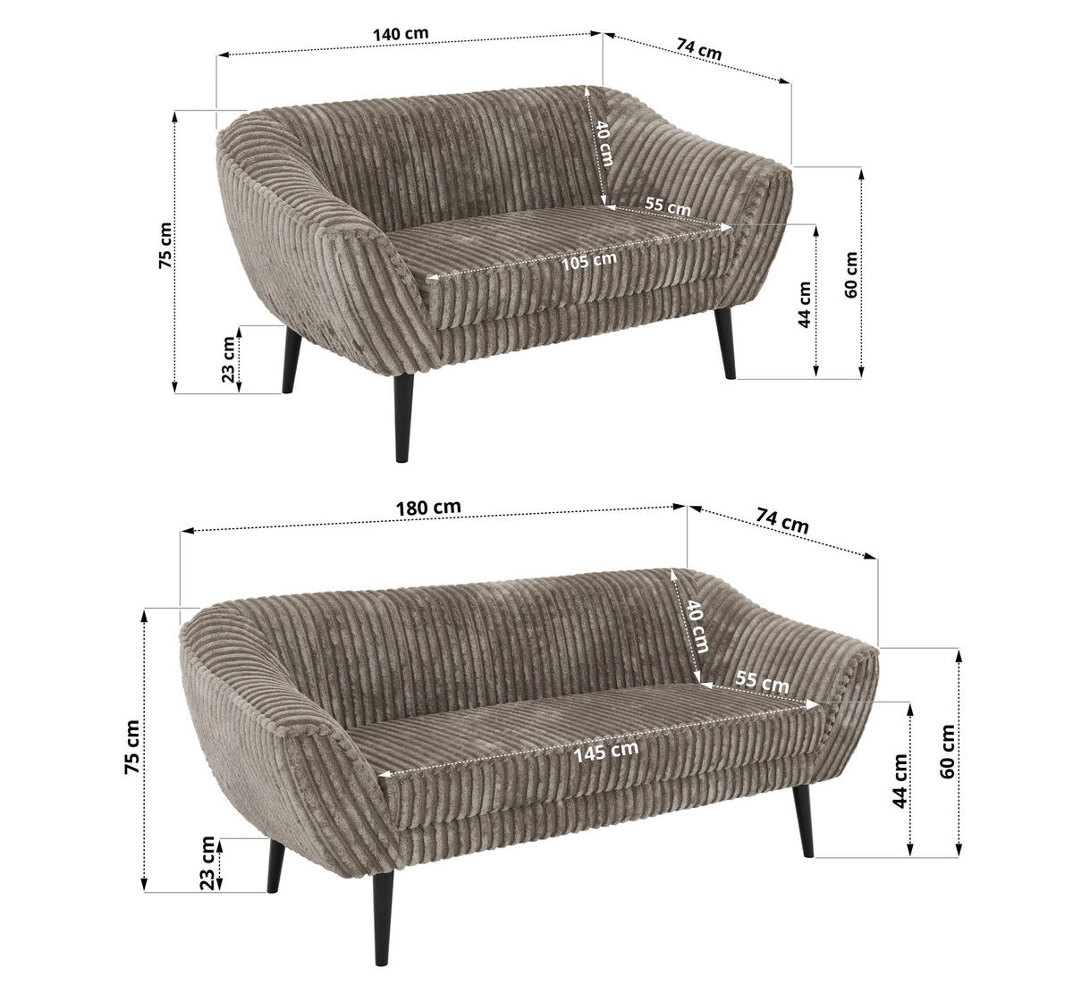 SEDACÍ SOUPRAVA 3+2 PIRS - Světle hnědá Manšestr - Černé nohy - černá/světle hnědá, kompozitní dřevo/textil (180/75/74cm) - MKS
