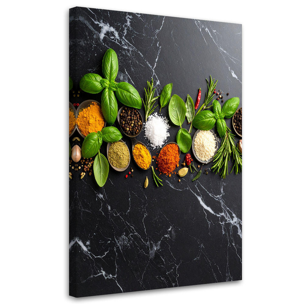 LEINWANDBILD Gewürze und Kräuter auf Marmorhintergrund 70x100cm - Multicolor, Textil (70/100cm) - Feeby