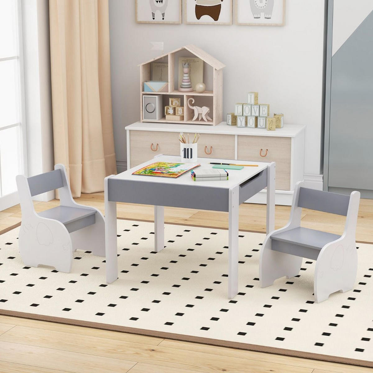 KINDERTISCH mit Stuhl hellgrau(3-tlg) - Hellgrau, Holzwerkstoff (63.5/48/61.5cm) - COSTWAY