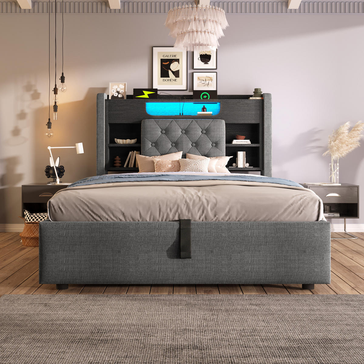 POLSTERBETT 90/200 cm in Grau mit LED, USB-C und Stauraum - Grau, Holzwerkstoff/Textil (90/200cm) - WISHDOR