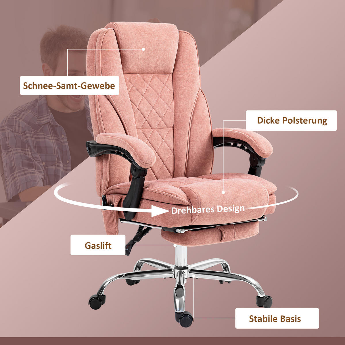 BÜROSTUHL mit Massagefunktion Polyester Stahl Rosa - Rosa, Metall (67/119/72cm) - Vinsetto