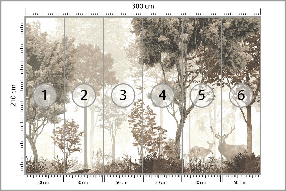 FOTOTAPETA Pre Jedáleň Vintage Les Stromy Jelene 300 x 210 cm - hnedá/žltá, papier (300/210cm) - Muralo
