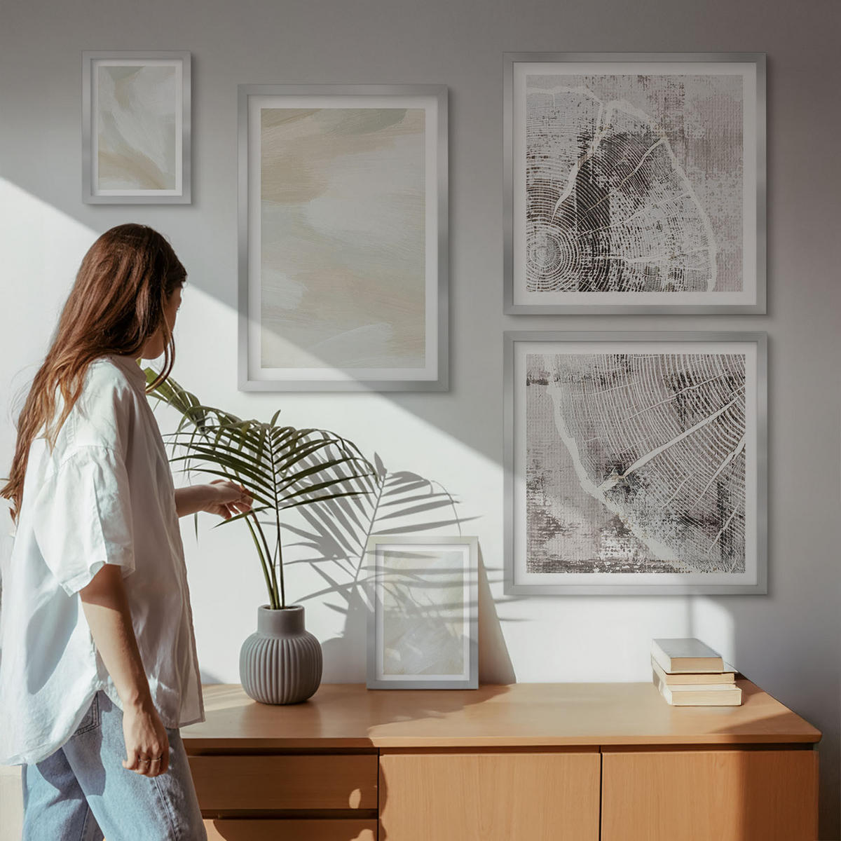 BILDER SET 5er Set - 50x50 cm & 20x30 cm & 40x60 cm Silberner Rahmen - Minimalismus der Farbstruktur - Silberfarben, Kunststoff (40/60cm) - TULUP