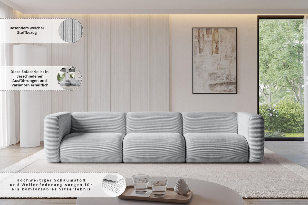 MODULARES Sofa 3-SITZER MIRA-S2 319x89x70 Rosa cm Cord - Schwarz/Rosa, Holzwerkstoff/Kunststoff (319/70/89cm) - ALTDECOR