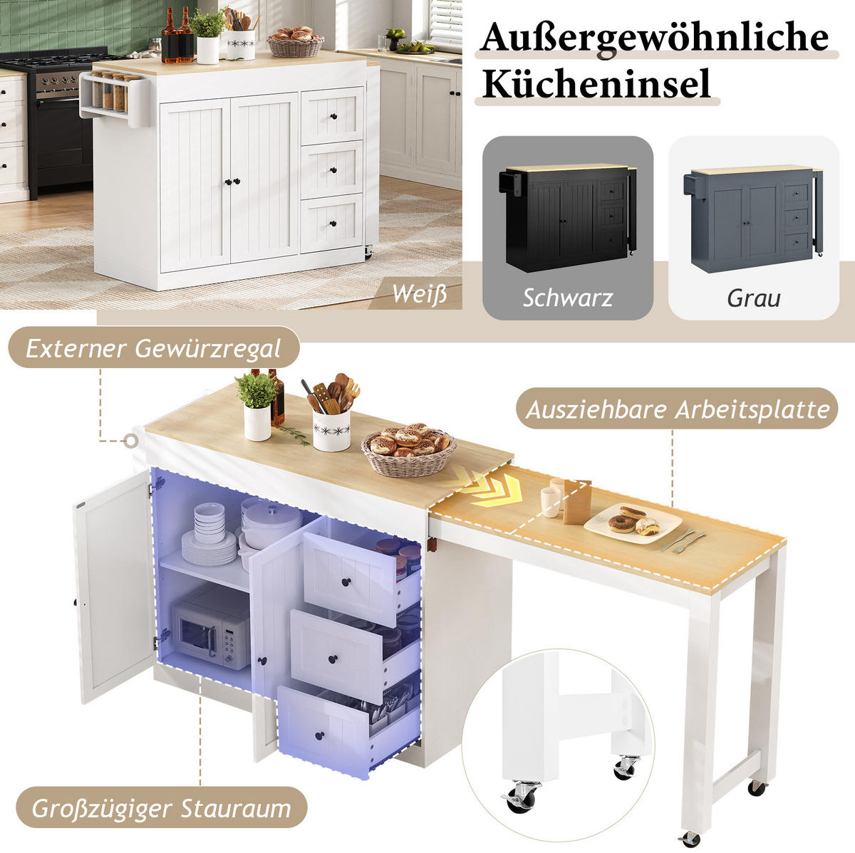 KÜCHENINSEL mit ausziehbarer Arbeitsplatte 112-186,8 x 45 x 93 cm Weiß - Weiß, Holz (45/93/130cm) - Beauniv