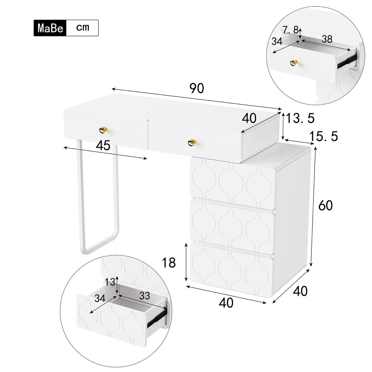 SCHREIBTISCH SET Schminktisch Weiß mit Schubladen & Drehstuhl - Weiß, Holzwerkstoff (40/105.5/73.5cm) - Urban Meuble