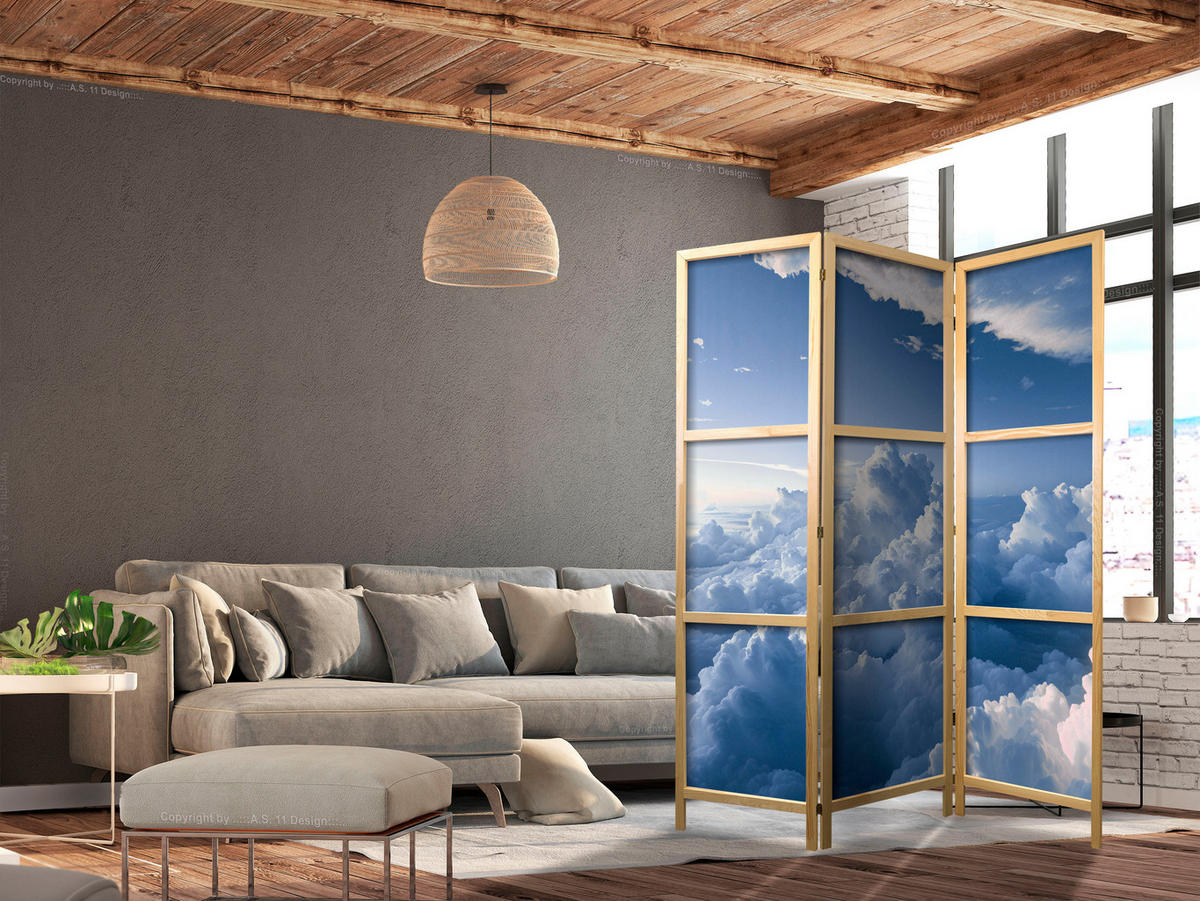 PARAVENT Japanischer 3-tlg 135x172 cm Wolken 3D - Blau, Holz/Textil (135/172/3cm) - Muralo