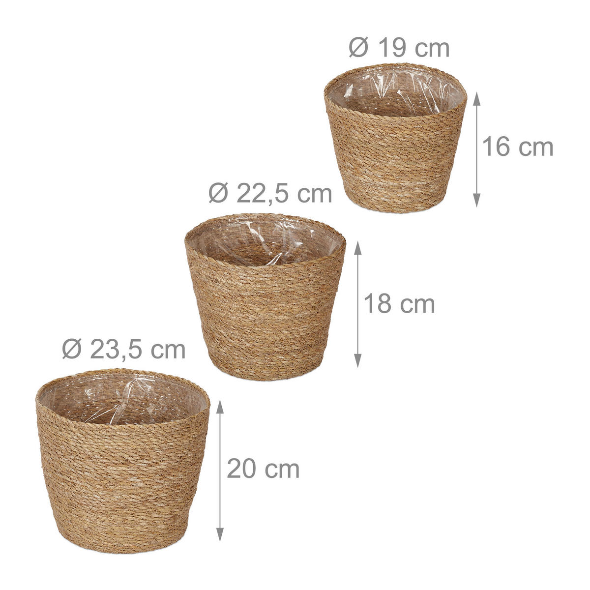 3XSEEGRAS-BLUMENTOPF - Hellbraun, Kunststoff/Textil (20cm) - Relaxdays