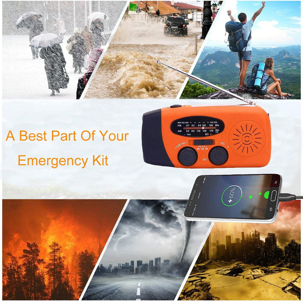 RADIO – NOAA AM/FM – Handkurbel-Generator / LED-Taschenlampe / 2000-mAh-Powerbank – Orange - Orange, Kunststoff (12.7/4.57/6cm) - DCA
