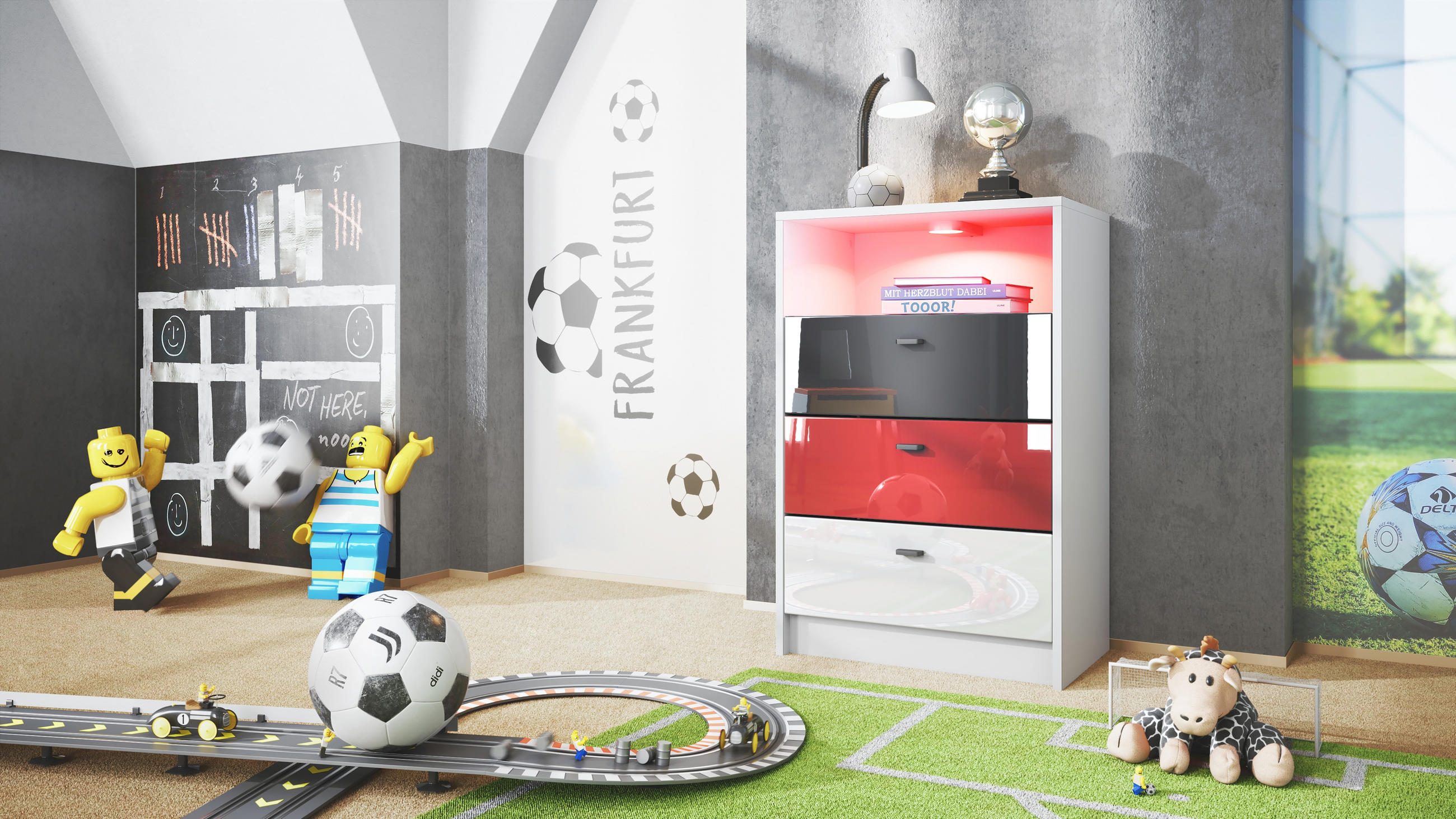 KOMMODE Pino Fronten Schwarz, Weiß & Rot - Weiß, Holzwerkstoff (56/86/36cm) - Vladon