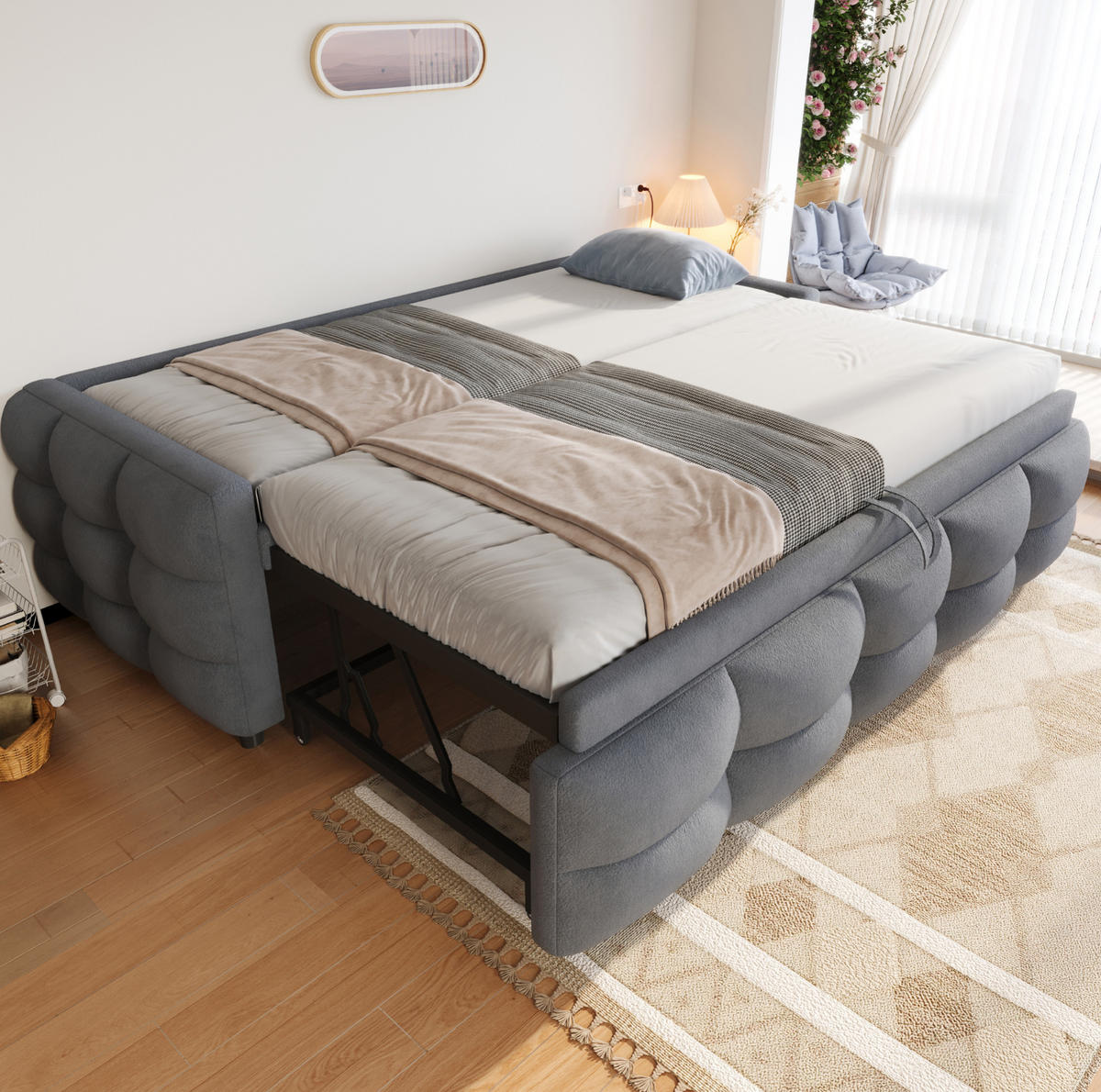 POLSTERBETT 90/180/190 cm Grau aus Teddy-Samtstoff mit Ausziehfunktion - Grau, Textil (90/190cm) - OKMYHOME