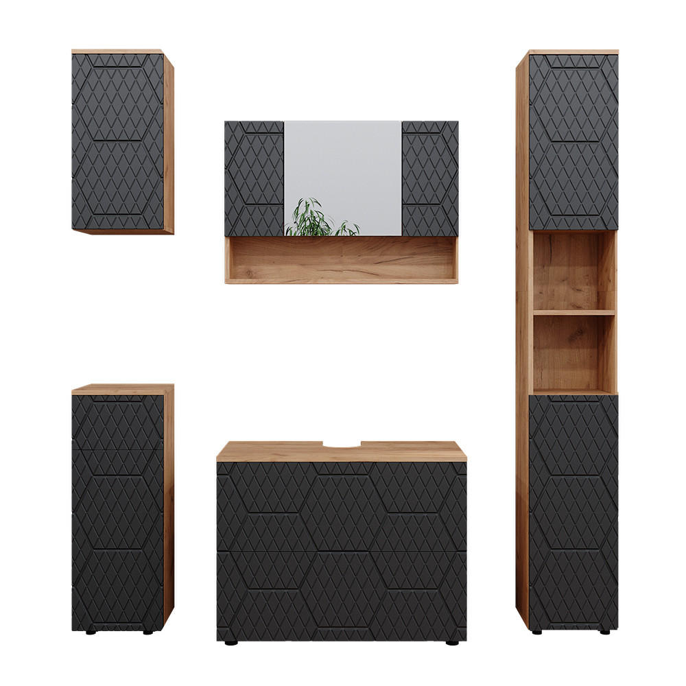 BADMÖBEL-SET Irma Anthrazit gestreift 5 Teile - Honigeiche/Anthrazit, Holzwerkstoff (80/58.6/41cm) - Vicco