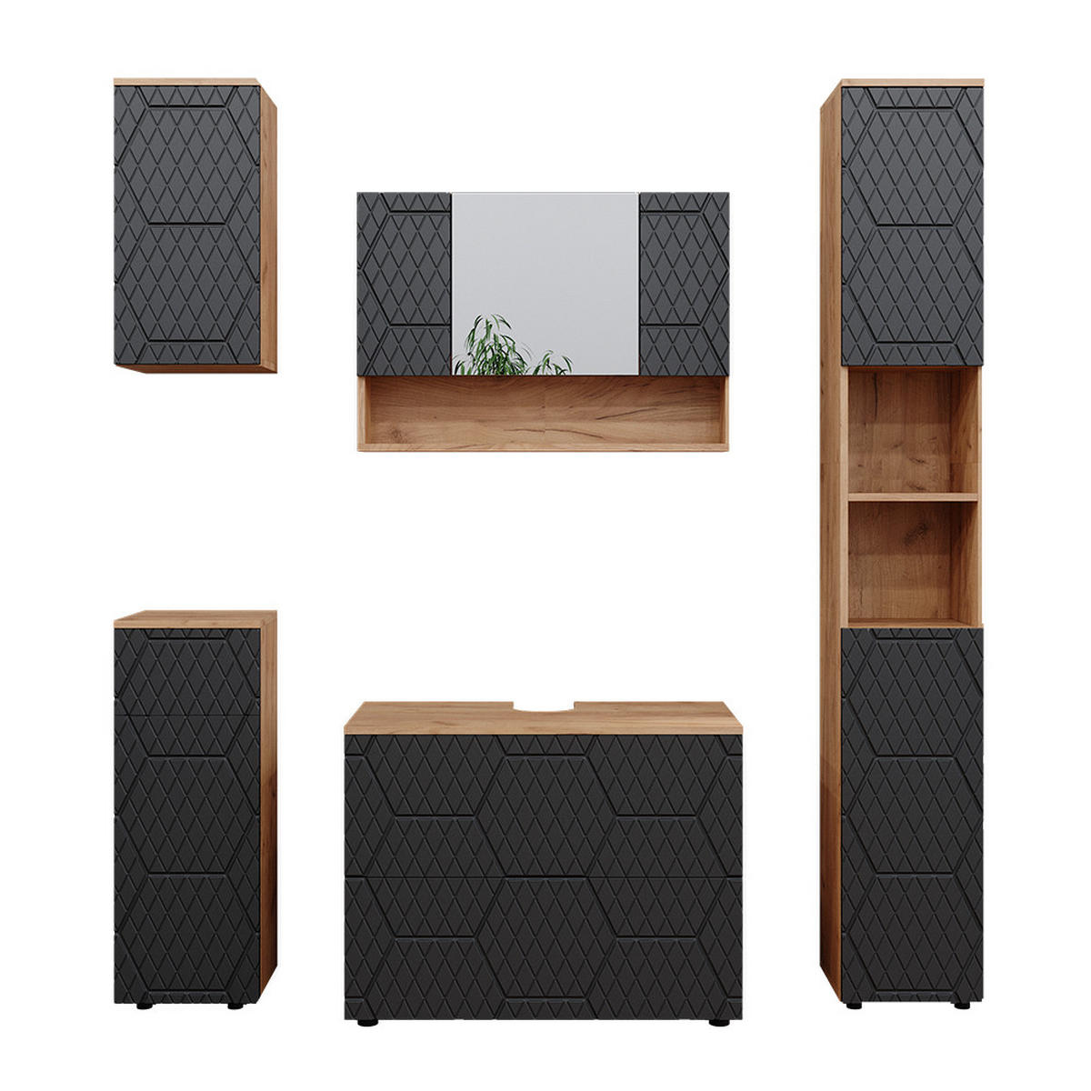 BADMÖBEL-SET Irma Anthrazit gestreift 5 Teile - Honigeiche/Anthrazit, Holzwerkstoff (80/58.6/41cm) - Vicco
