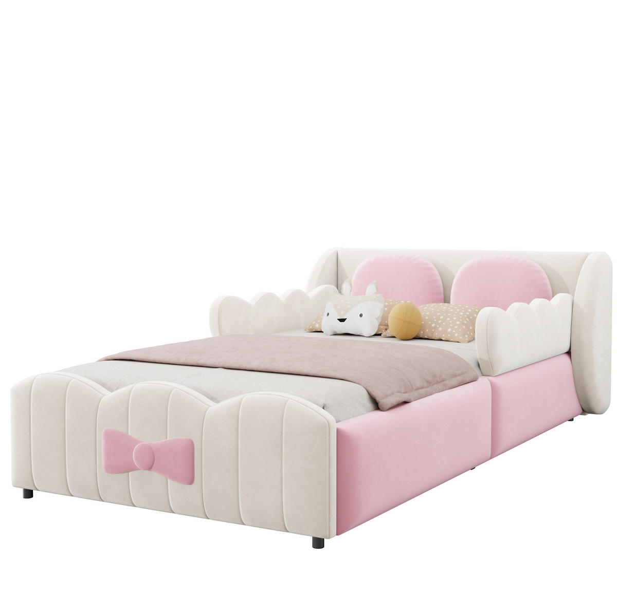 KINDERBETT aus Samt 90x200 cm Beige mit hydraulischem Stauraum und 2 Zierkissen - Beige, Textil (90/200cm) - Modfu