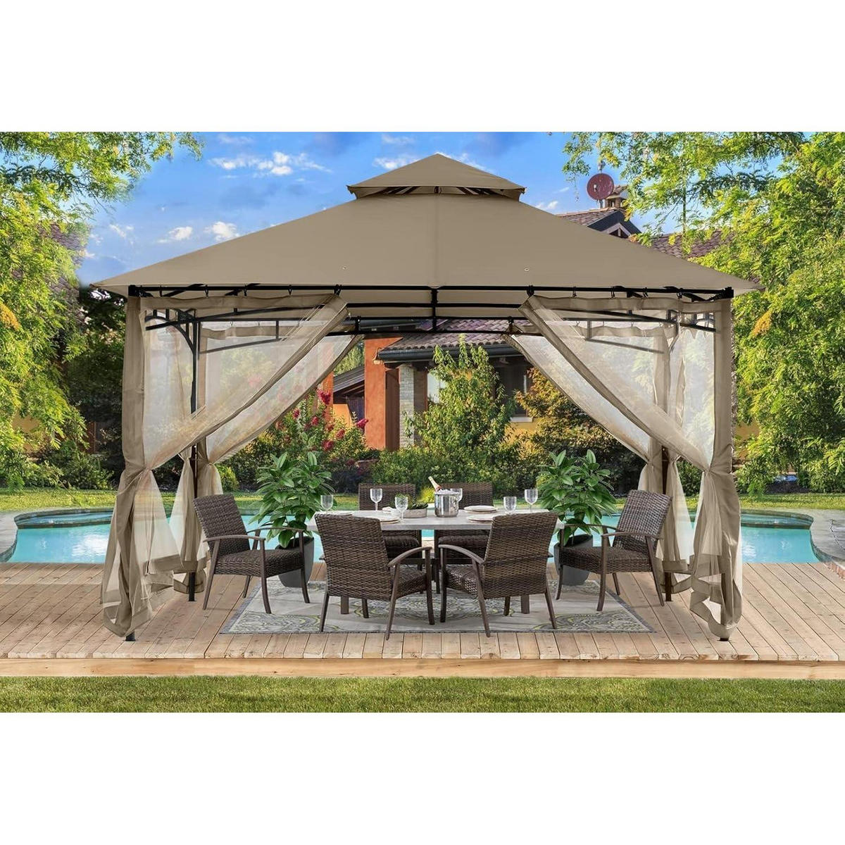 GARTENPAVILLON mit Netz 3.35 x 3.35 m Khaki - Olivgrün, Textil (304.8/280.4/304.8cm)