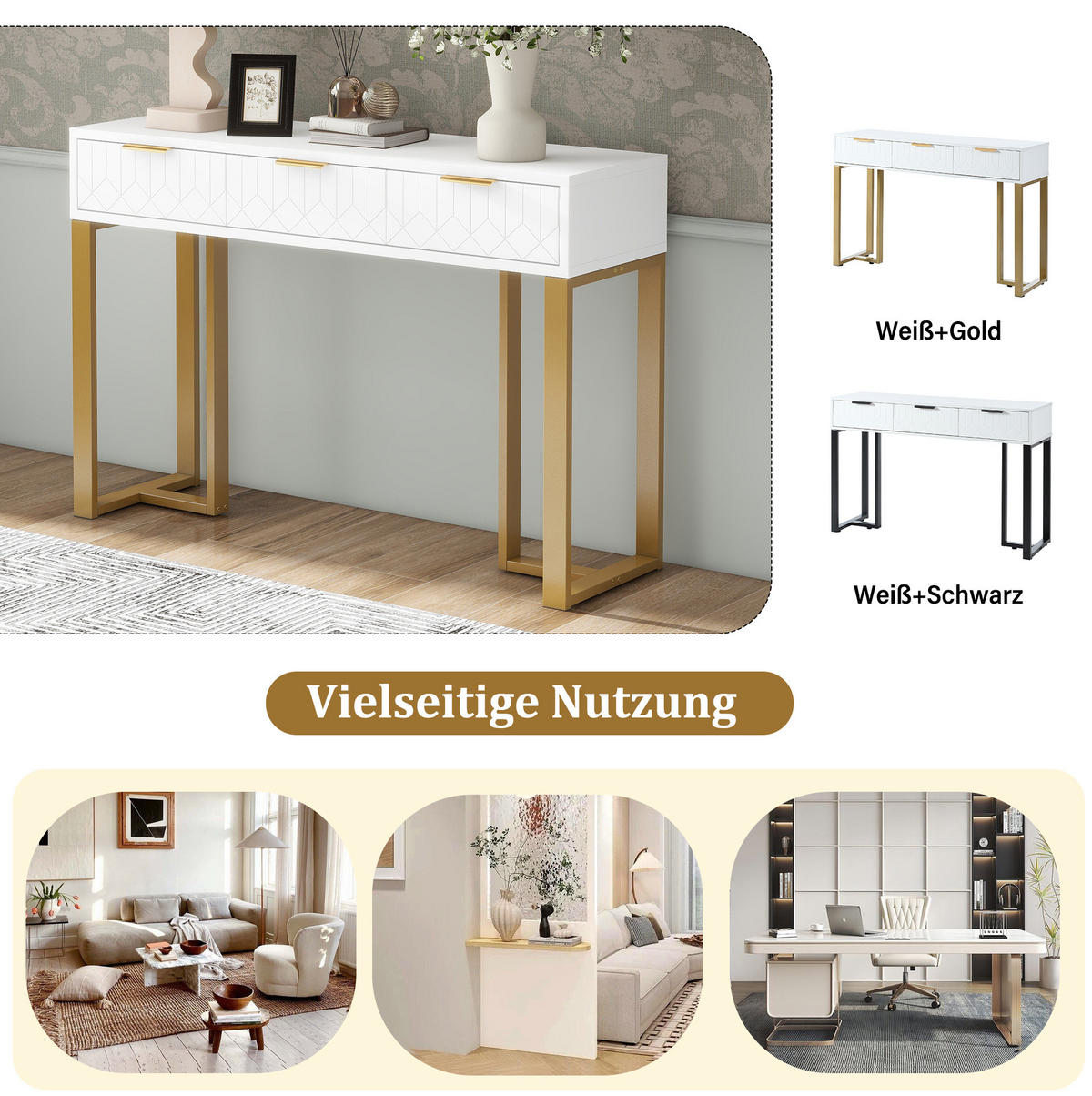 KONSOLENTISCH in Weiß/Gold mit 2 Schubladen und verstellbaren Fußpolstern,120/36/80 cm - Weiß, Holzwerkstoff (120/36/80cm) - Flora Grace
