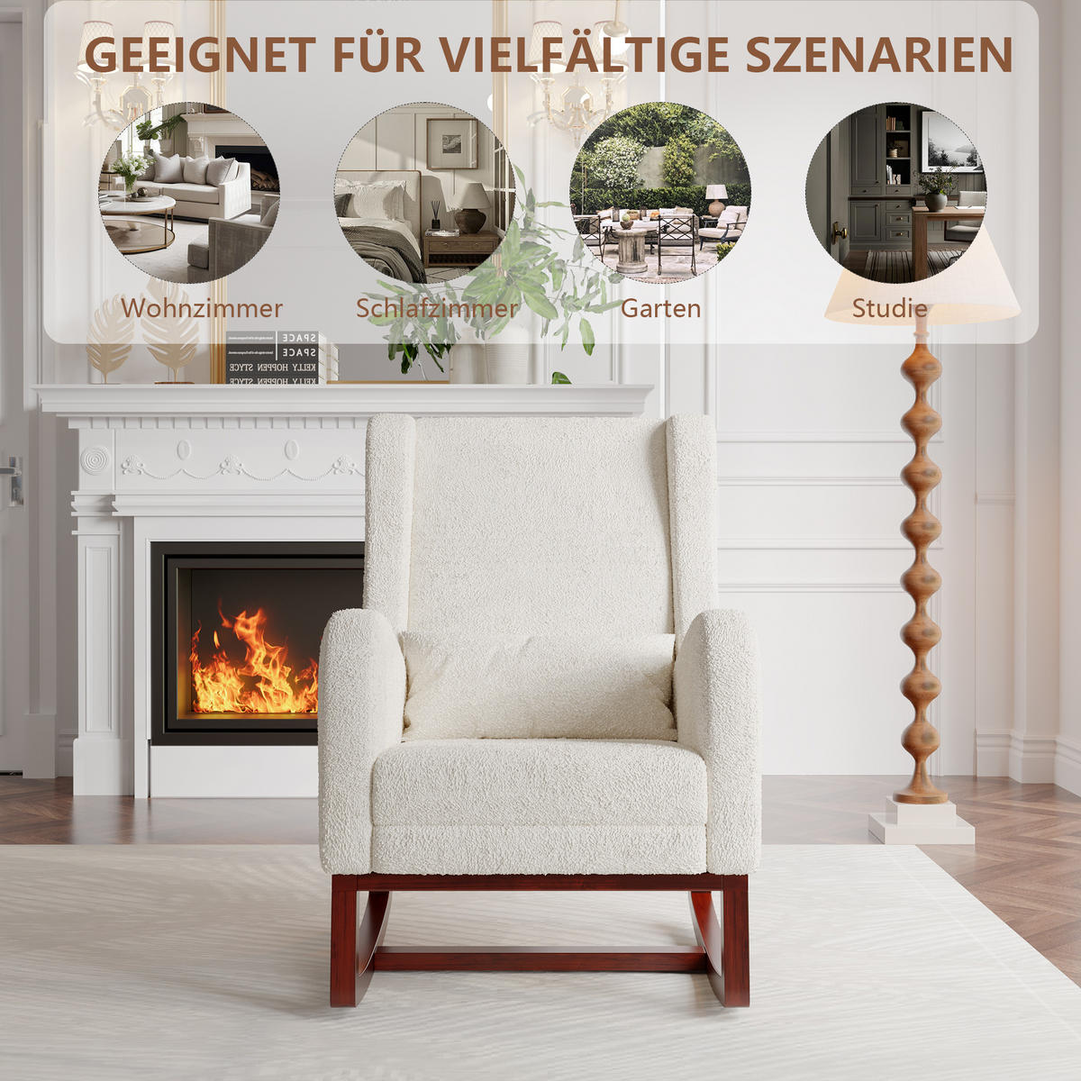 SCHAUKELSTUHL Teddy, ausziehbare Fußstütze, Seitentaschen, geräuschdämpfend feuerfest, mit Kissen, weiß - Weiß, Holz (64/99/67cm) - Joyfair