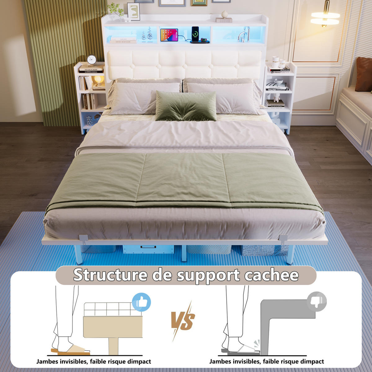 BETT 140x190 cm LED USB Ablage weiß - Weiß, Metall (140/190cm) - LEBENLANG