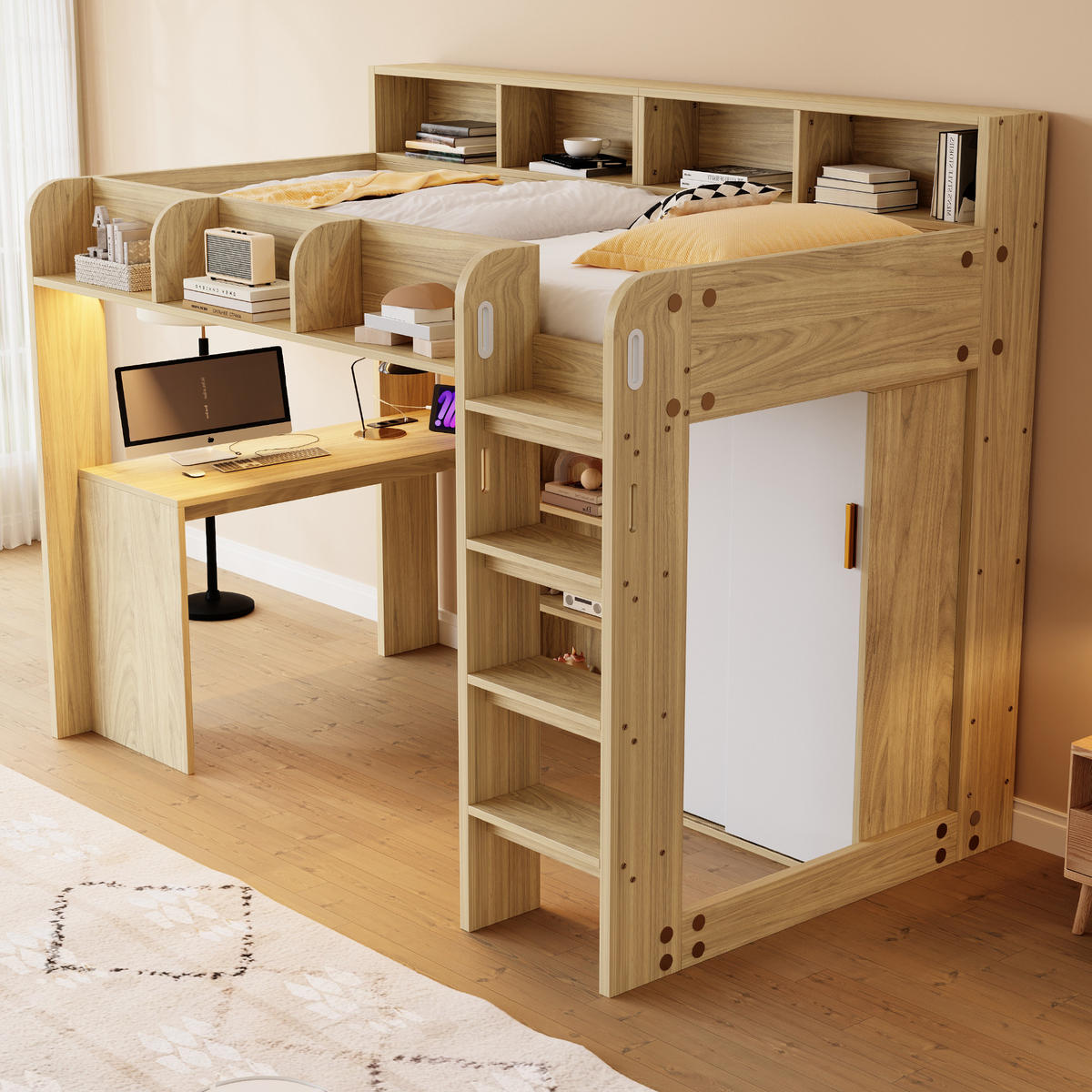 HOCHBETT 90/200 cm natur aus MDF mit Schreibtisch LED und Steckdose - Naturfarben, Holzwerkstoff (90/200cm) - OKWISH