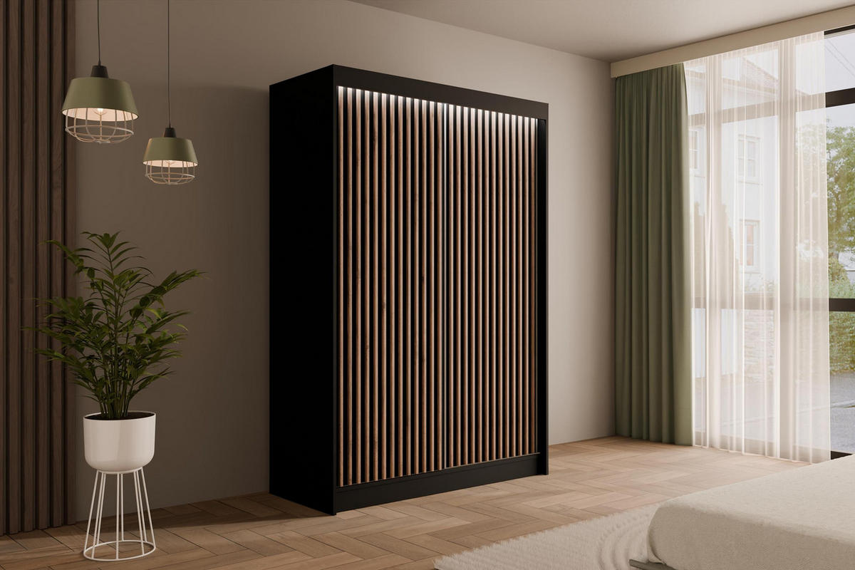 KLEIDERSCHRANK mit LED, Lamel-Schiebetüren VILANv2 - 150 cm Schwarz + Lamelle Eiche Wotan - Eiche Wotan/Schwarz, Holzwerkstoff (150/215/61cm) - ALTDECOR