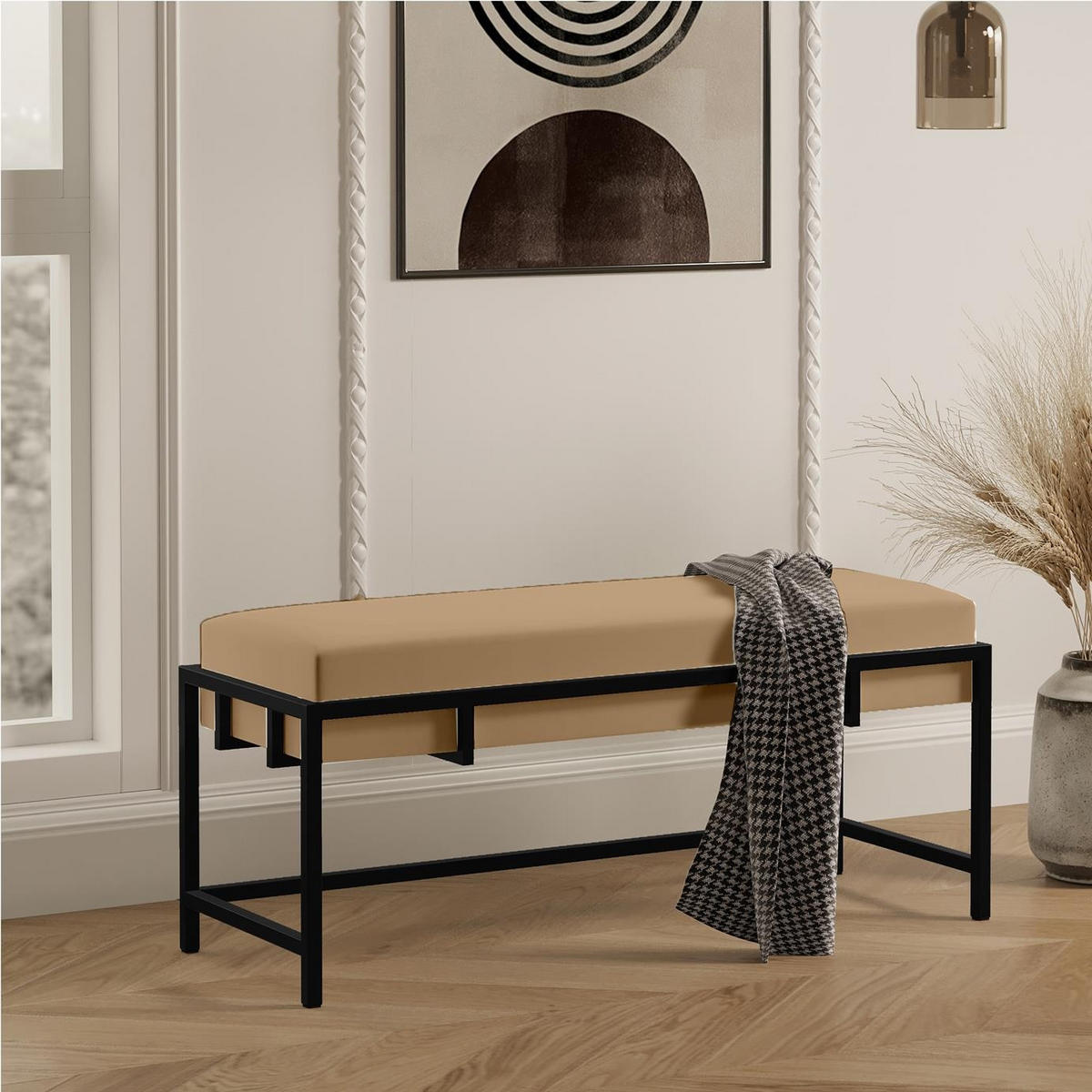 POLSTERBANK LAMO 100 Dunkelbeige, Schwarz Gestell - Beige/Schwarz, Textil/Metall (100/45/35cm) - Bettso