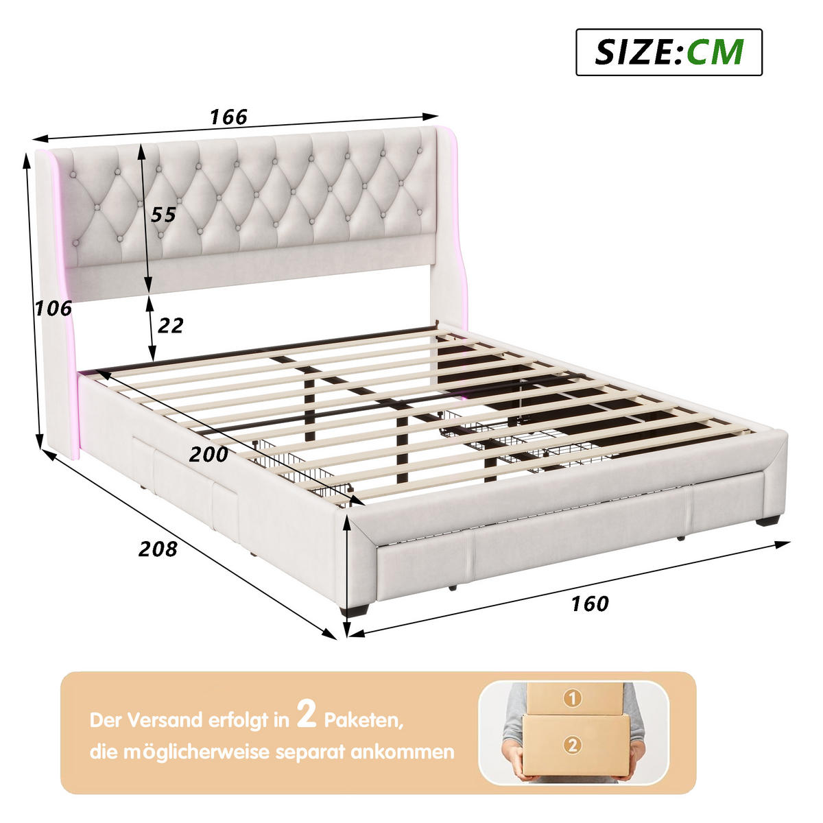 POLSTERBETT 160x200 cm, Beige, LED-Beleuchtung und 3 Schubladen - Beige, Textil/Metall (160/200cm)