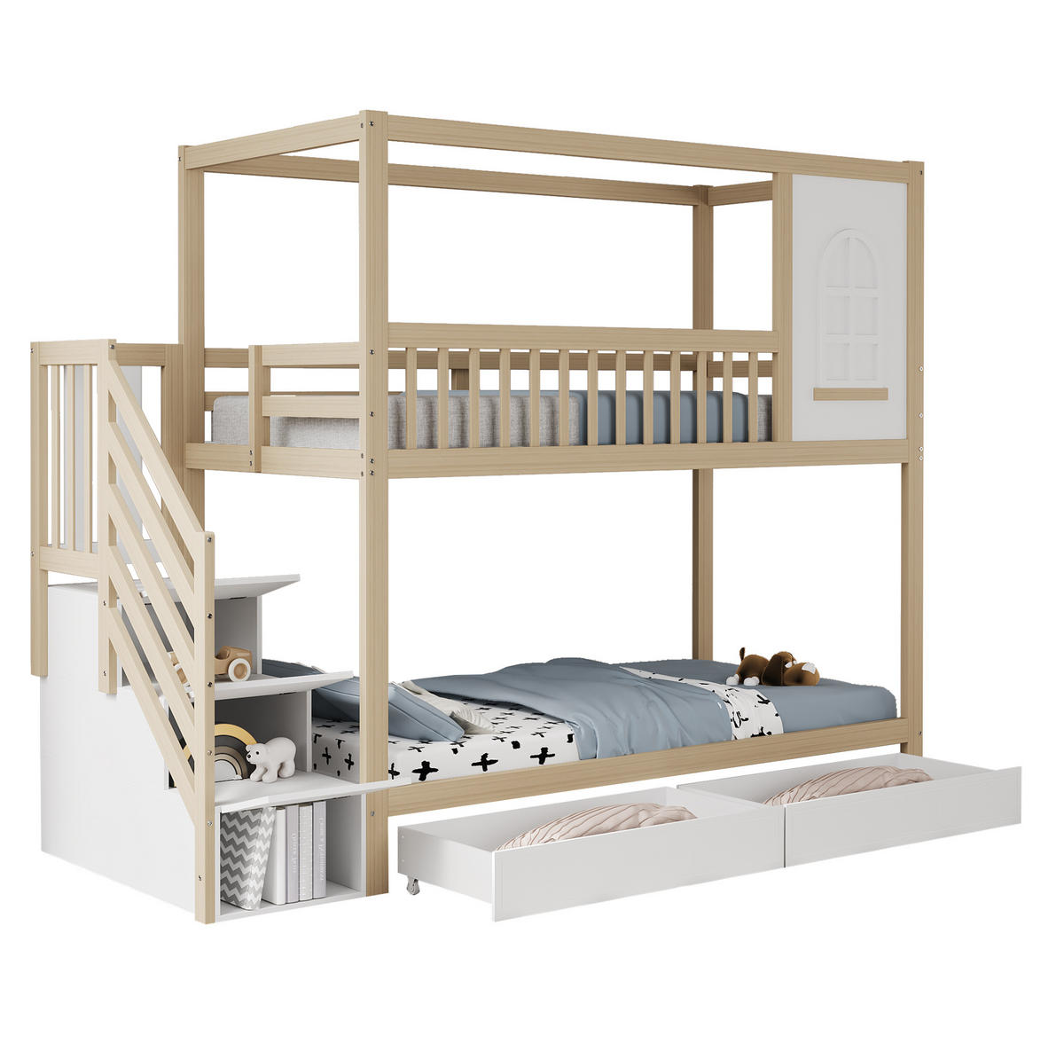 ETAGENBETT 90/200 cm aus Massivholz mit Stauraum und Sicherheitsleiter - Naturfarben, Holz (90/200cm) - BEAOK