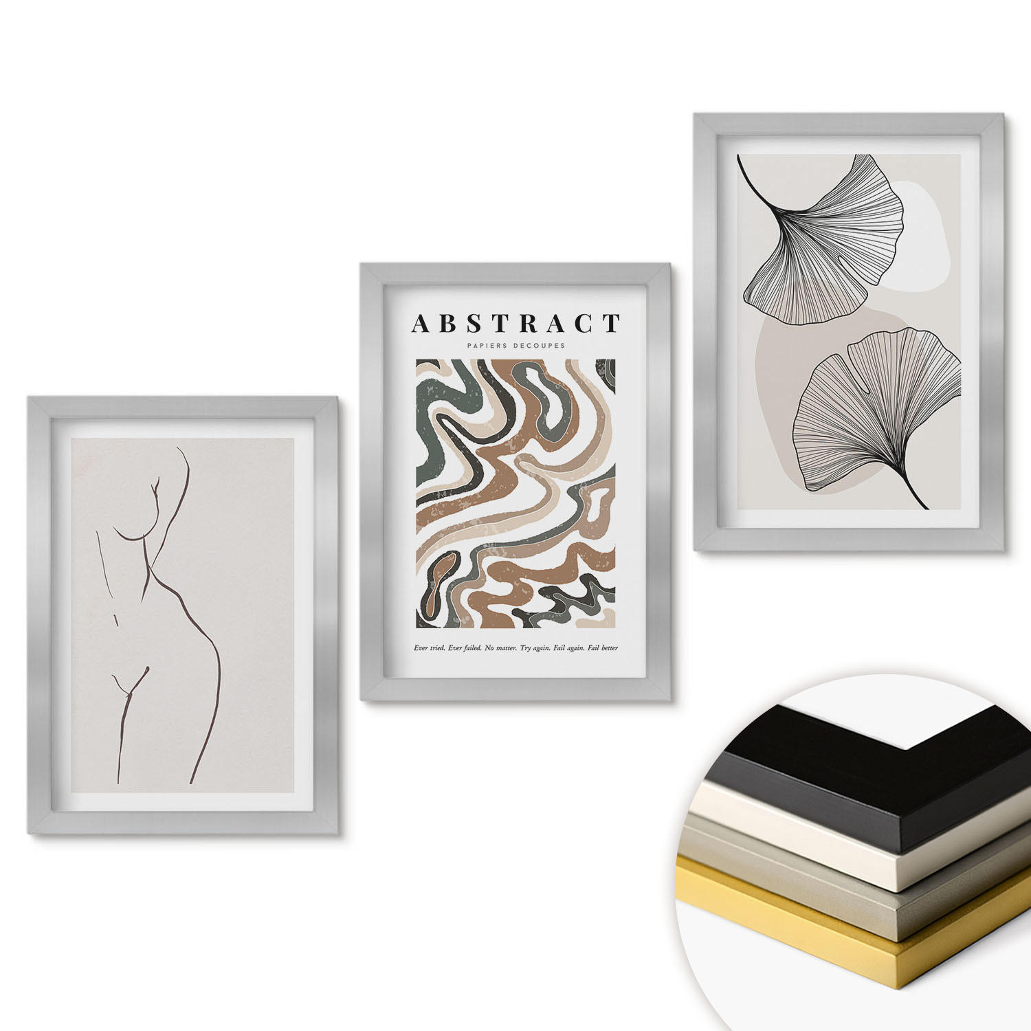 WANDBILDER 3er Set - 20x30 cm Silberner Rahmen - Abstrakte Boho-Musterformen - Silberfarben, Kunststoff (20/30cm) - ArtPrintCave