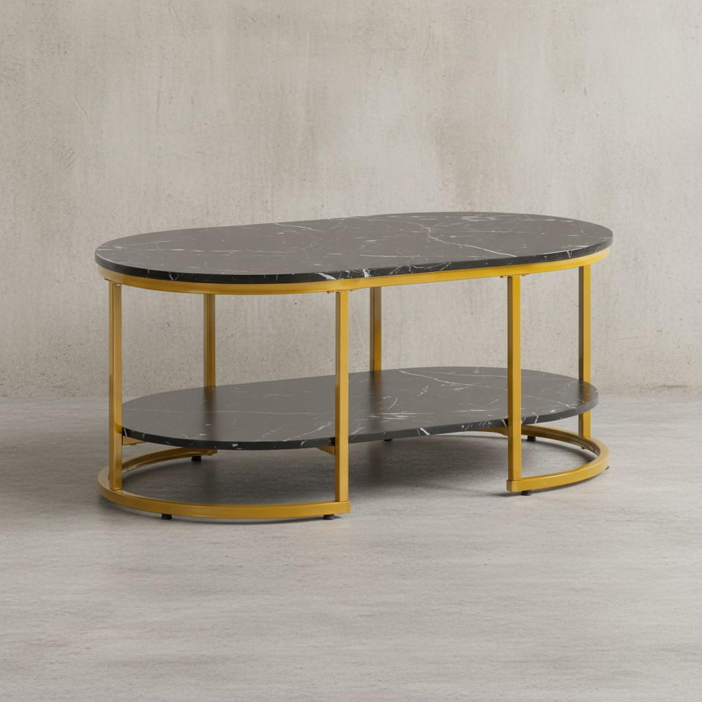 COUCHTISCH mit Marmor Optik, rechteckig, Ablage, goldenes Metallgestell, Schwarz 100x60x45 cm - Goldfarben/Schwarz, Holzwerkstoff/Metall (60/100/45cm) - KADIMA DESIGN
