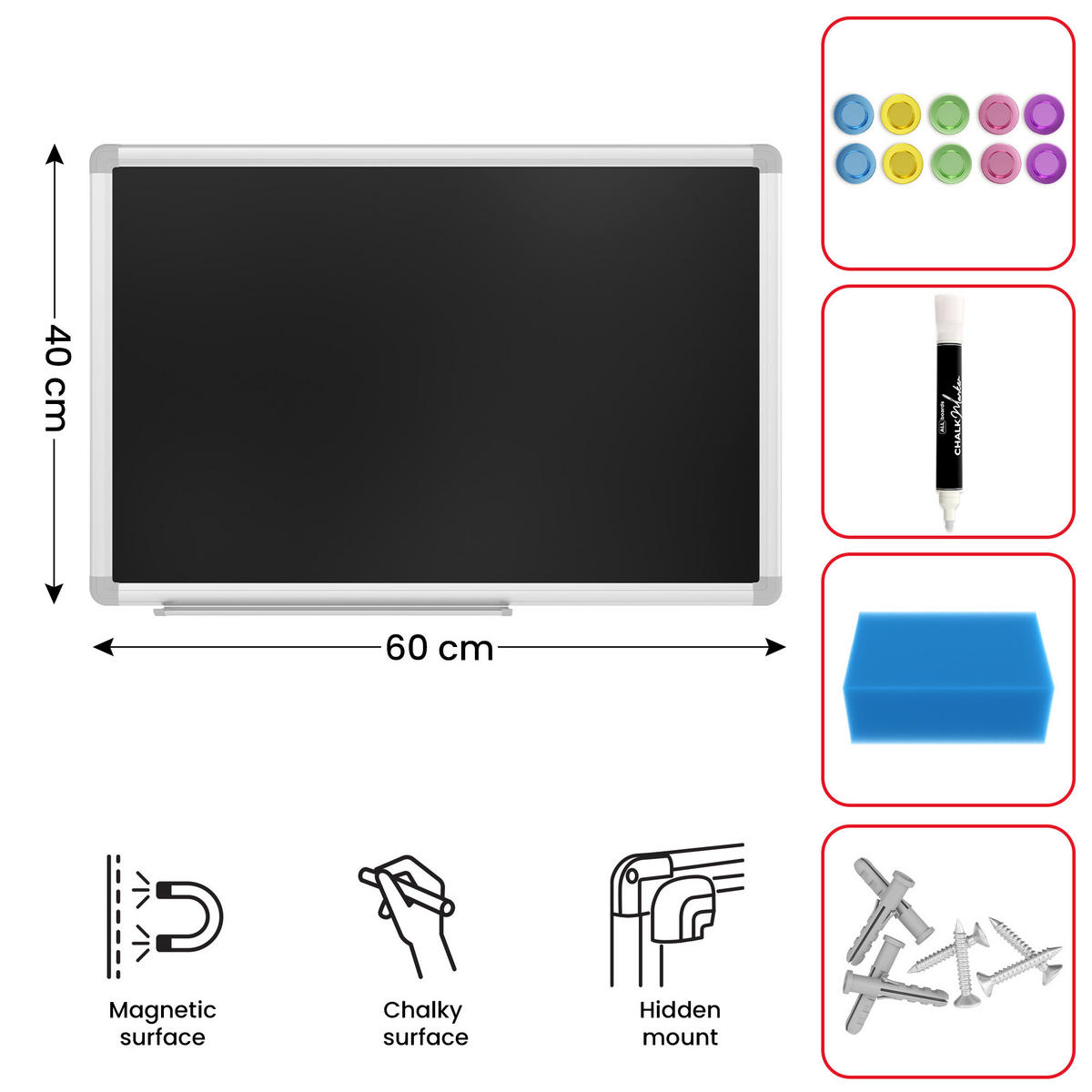 SCHWARZE magnetische Kreidetafel mit Alurahmen Premium EXPO 60x40cm - Schwarz, Metall (60/40/1.6cm) - ALLboards