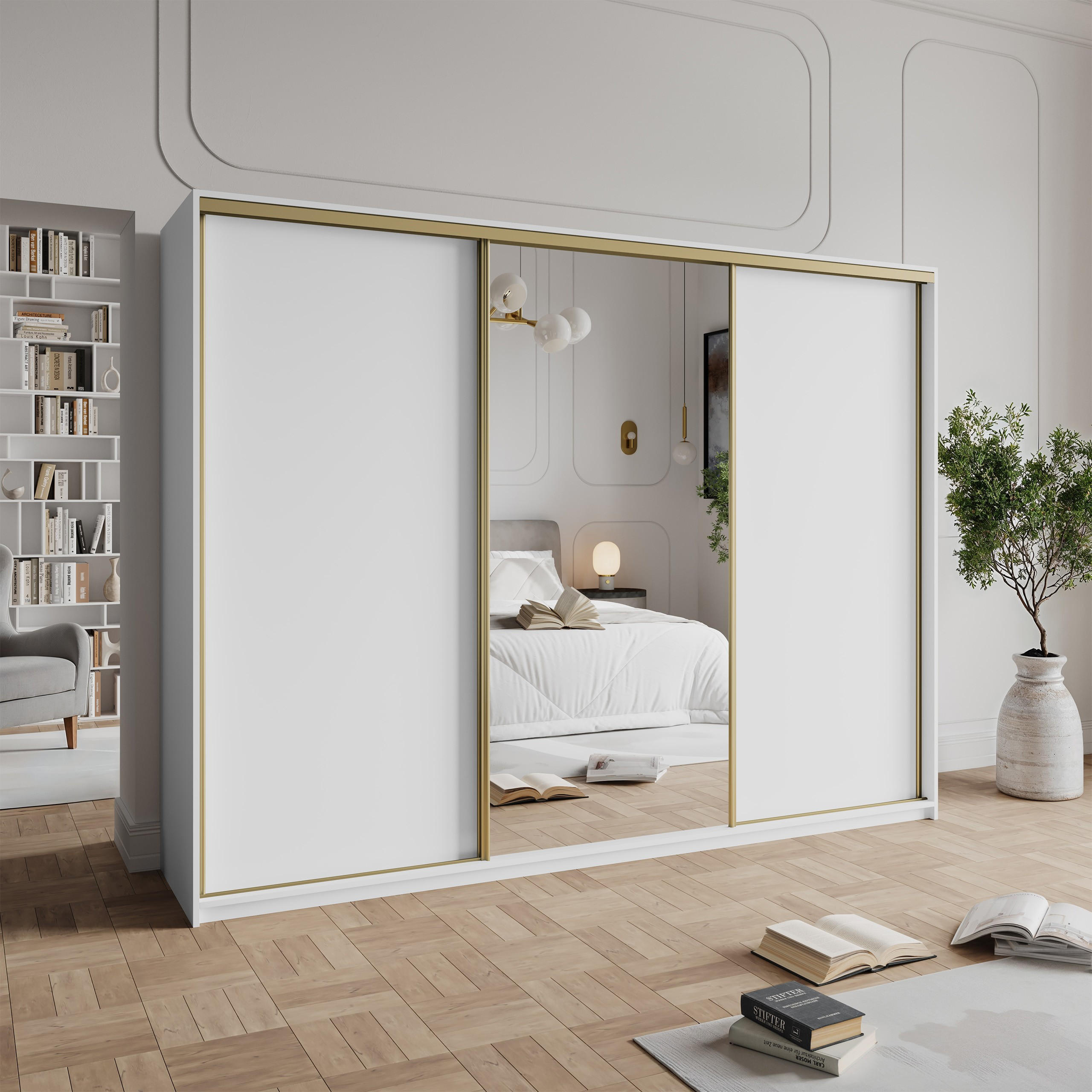 SCHWEBETÜRENSCHRANK TAVI 250/205/60 cm 3-türig mit Spiegel und Schubladen Weiß - Goldfarben/Weiß, Holzwerkstoff (250/205/60cm) - MASSENO