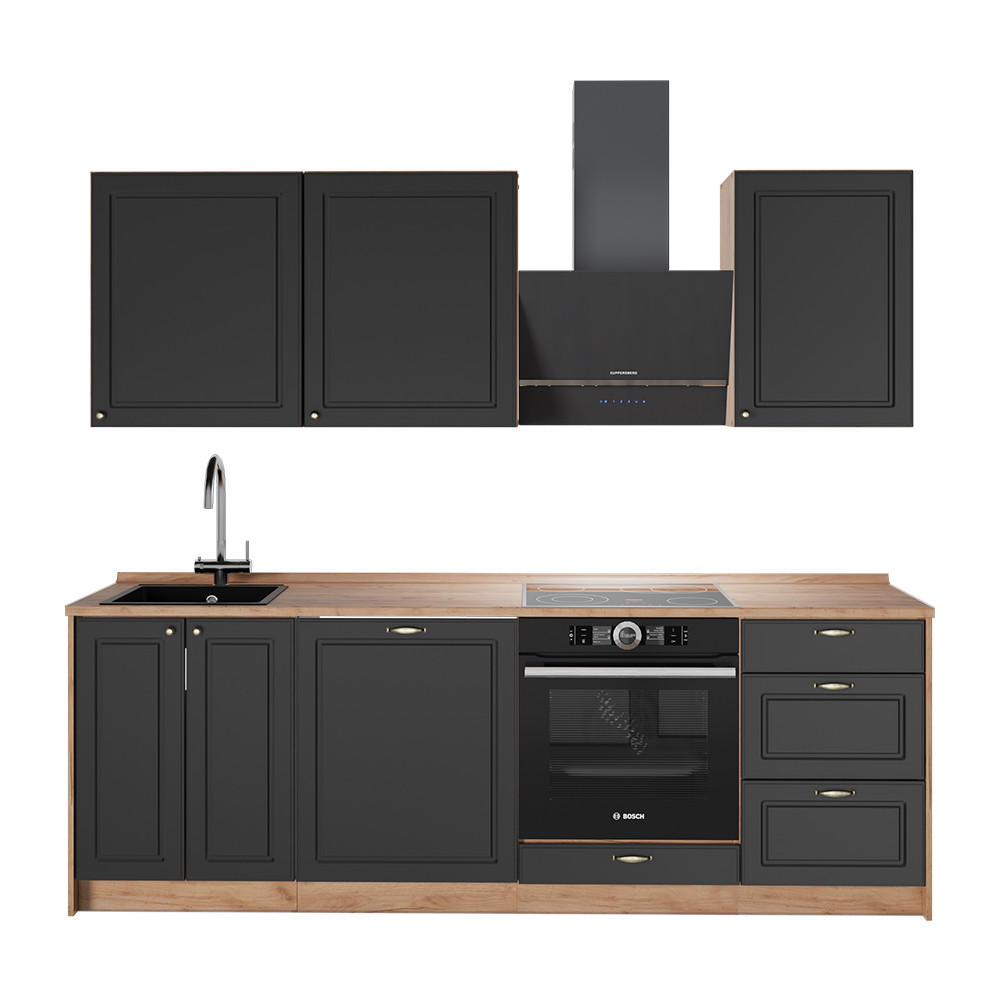 KUCHYNKA Fame-Line, Antracitovo-zlatý vidiecky dom/Dub Goldkraft, 230 cm, AP Oak - dub medový/antracitová, kompozitné drevo (230/82/60cm) - Vicco