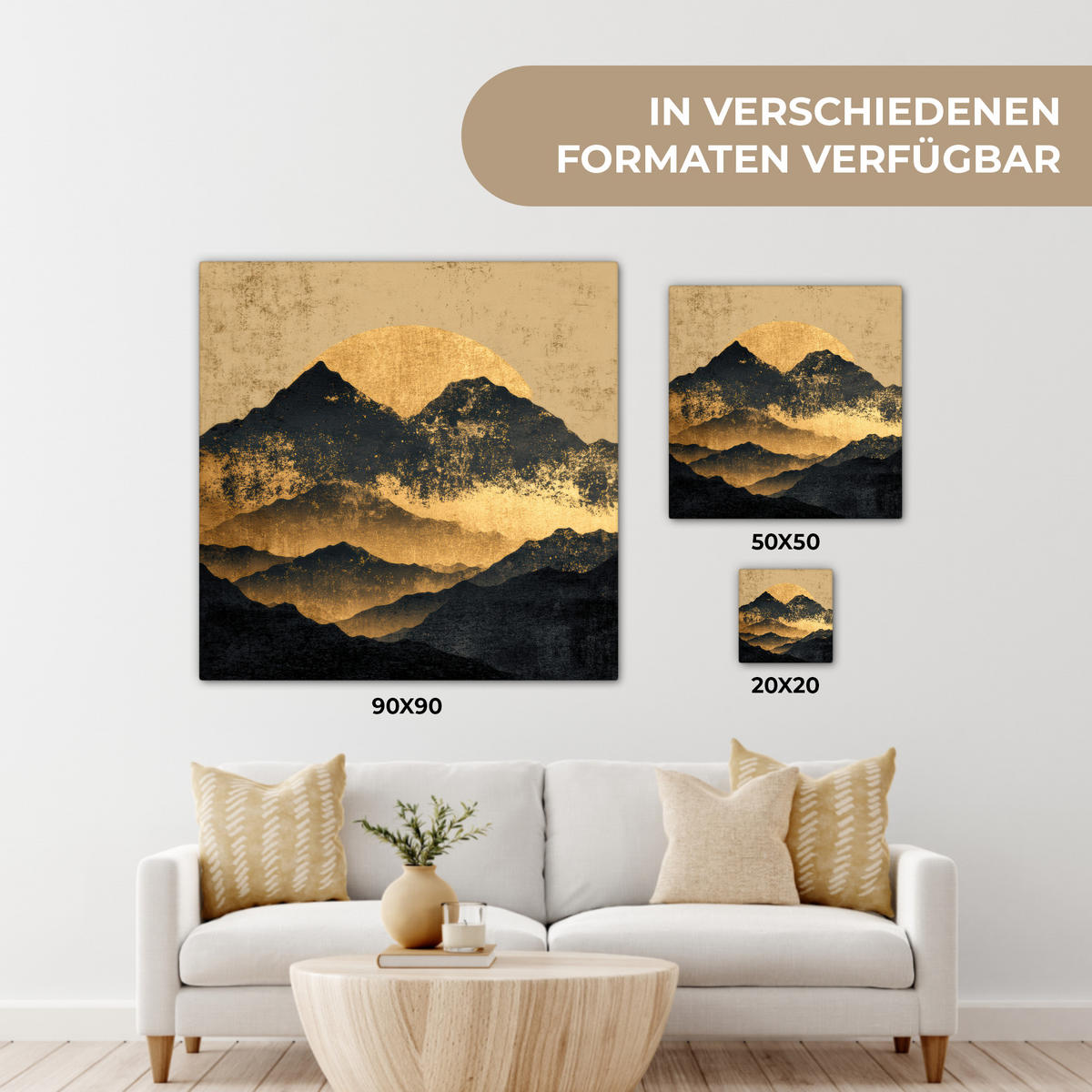 LEINWANDBILD Goldene Berge bei Mondschein Wandbild Wohnzimmer 50x50 cm - Goldfarben, Textil (50/50cm) - MuchoWow