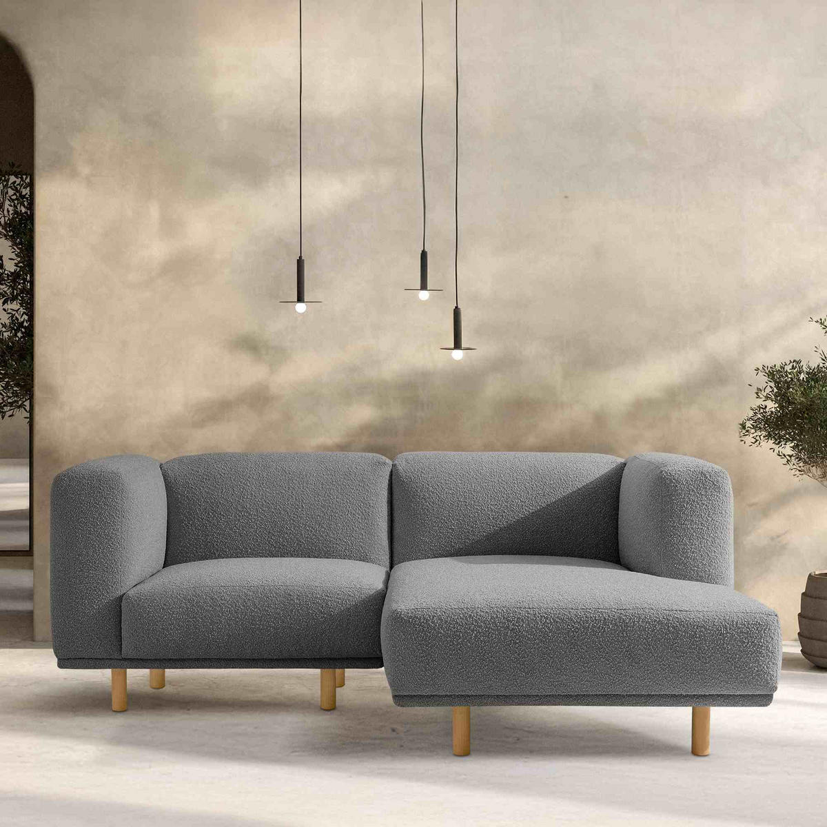 ECKSOFA-RECHTS FOSERO, Bouclé - Eschefarben/Buchefarben, Holz/Holzwerkstoff (204/155cm) - KONSIMO®