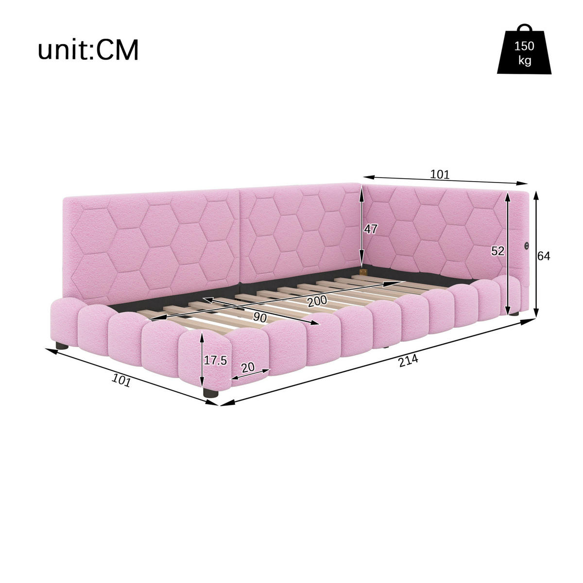BETT 90/200 cm Rosa aus Vliesimitat und MDF mit LED-Beleuchtung - Rosa, Textil (90/200cm) - OKMYHOME