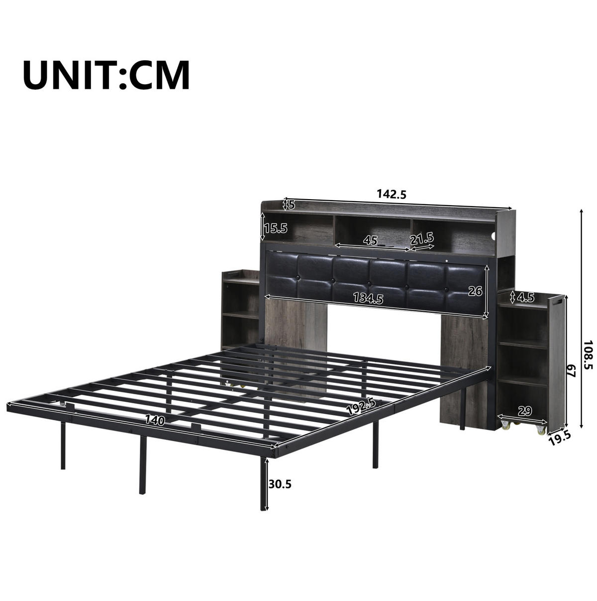 POLSTERBETT 140/190 cm mit LED, USB-C-Ladestation und 2 Nachttischen, schwebende Optik, Grau/Weiß - Grau, Metall (140/190cm) - Redom
