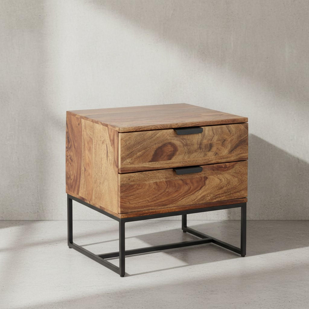 NACHTTISCH – Massivholz/Eisen, 50x40x51 cm, 2 Schubladen, Industrial-Stil - Schwarz/Braun, Holz/Metall (50/51/40cm) - KADIMA DESIGN