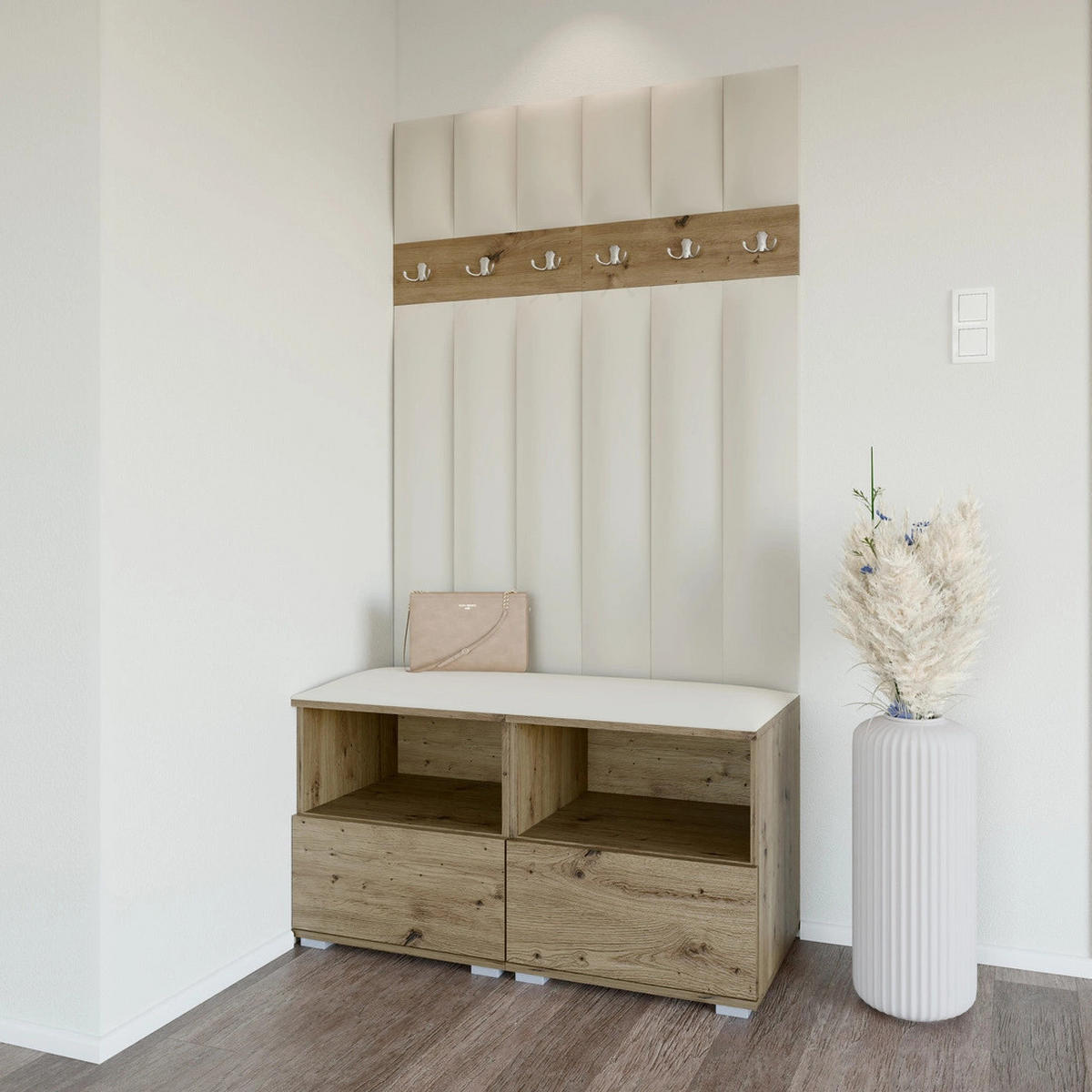 GEPOLSTERT Garderoben-Set Nela III LUX (Farbe Eiche Artisan + Stoff Trinity 01) - Silberfarben/Creme, Holz/Holzwerkstoff (100/187/40cm) - Ravio