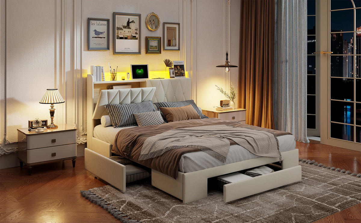 POLSTERBETT 160x200 Beige Samt LED USB - Weiß, Metall - SHOPENTRA