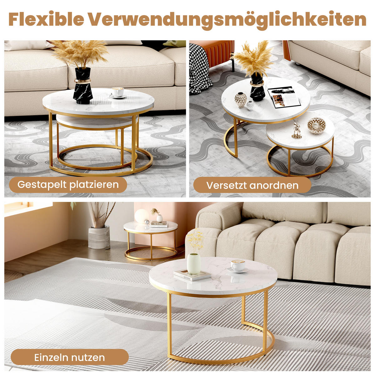 COUCHTISCH 2-teilig mit stabilem Eisenrahmen & leicht zu reinigende MDF-Tischplatte - Weiß, Holzwerkstoff (80/80/45cm) - OKWISH