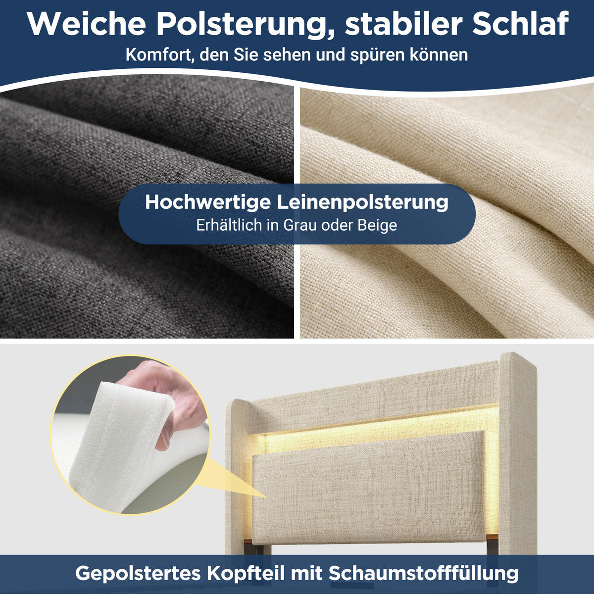 POLSTERBETT 90/200 cm Beige mit LED-Beleuchtung, 1 Schublade, Ablagefach sowie USB-/USB-C-Anschlüssen - Beige, Textil/Metall (90/200cm) - Homcomodar