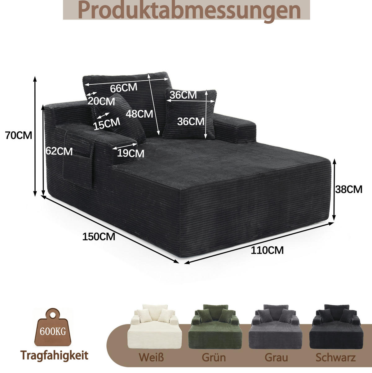 SOFA mit Seitentaschen und Kissen Cord Schwarz - Schwarz, Kunststoff (70/150/110cm) - Meubliv