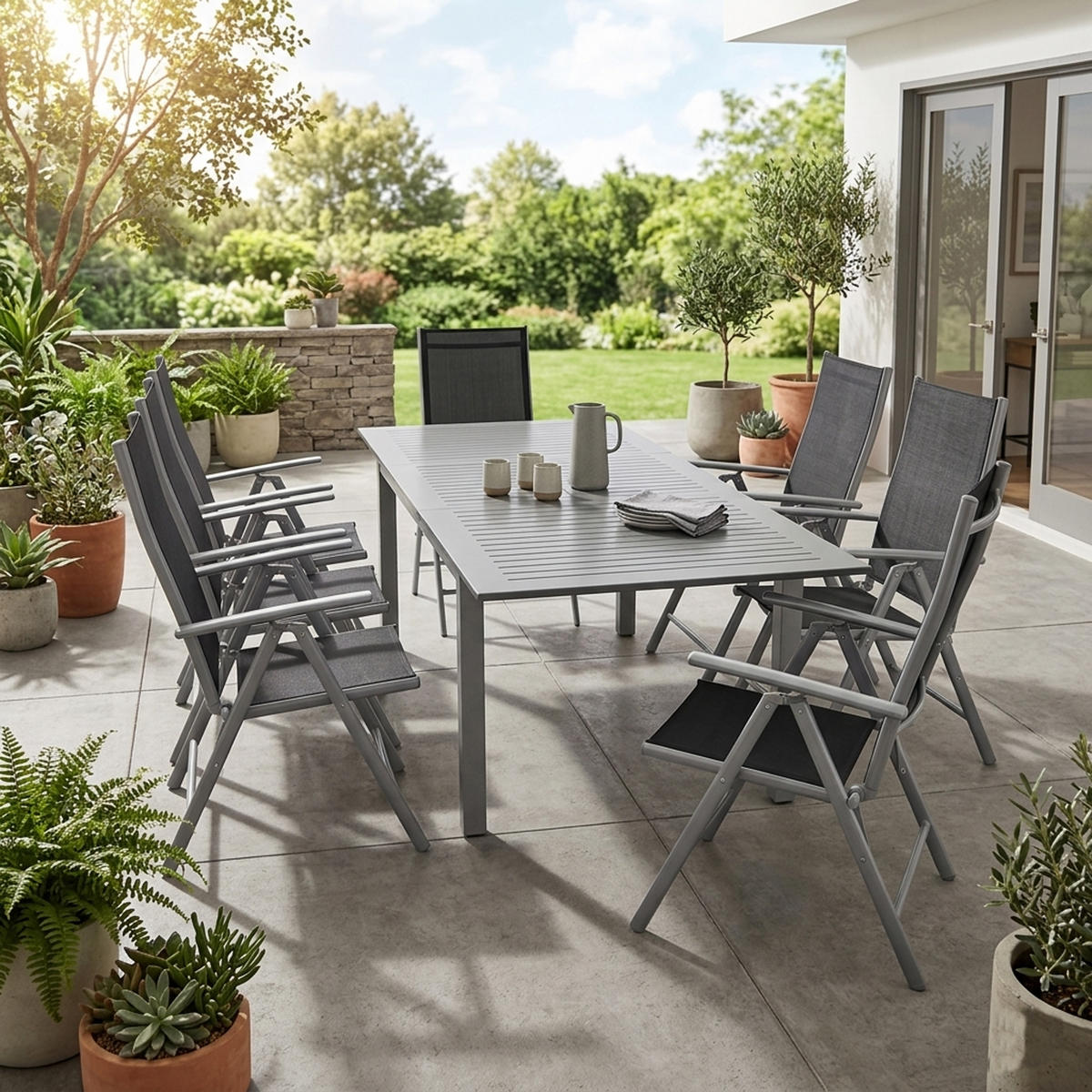 GARTEN-GARNITUR Ashford - 9-teilige Garten-Essgruppe (8x Klappsessel mit Aluminiumgestell grau, Bespannung Textilene schwarz - Schwarz, Metall - TPFGarden