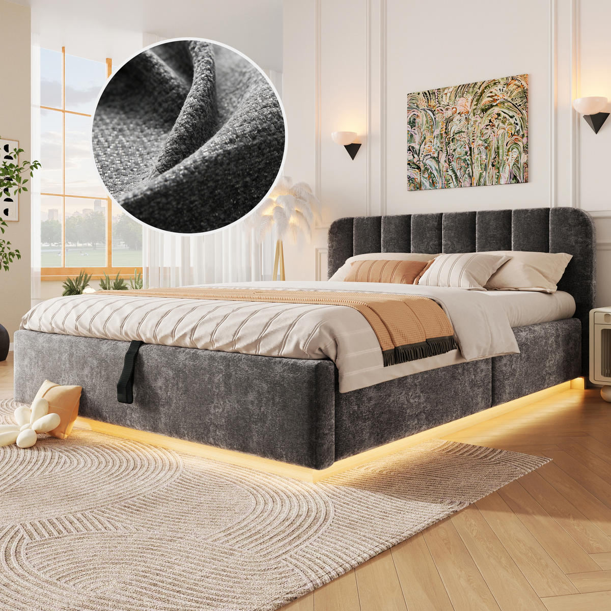 ČALOUNĚNÁ POSTEL 140x200cm Úložná LED Žinylka Antracit - šedá, kompozitní dřevo (140/200cm) - FLIEKS