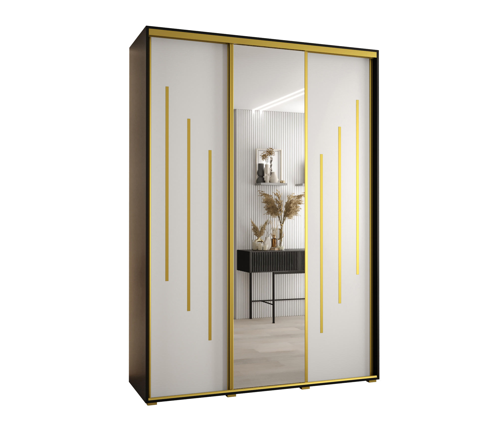 Abiks Möbel Schwebetürenschrank Schwarz, Weiß, Gold 180x235x60 cm