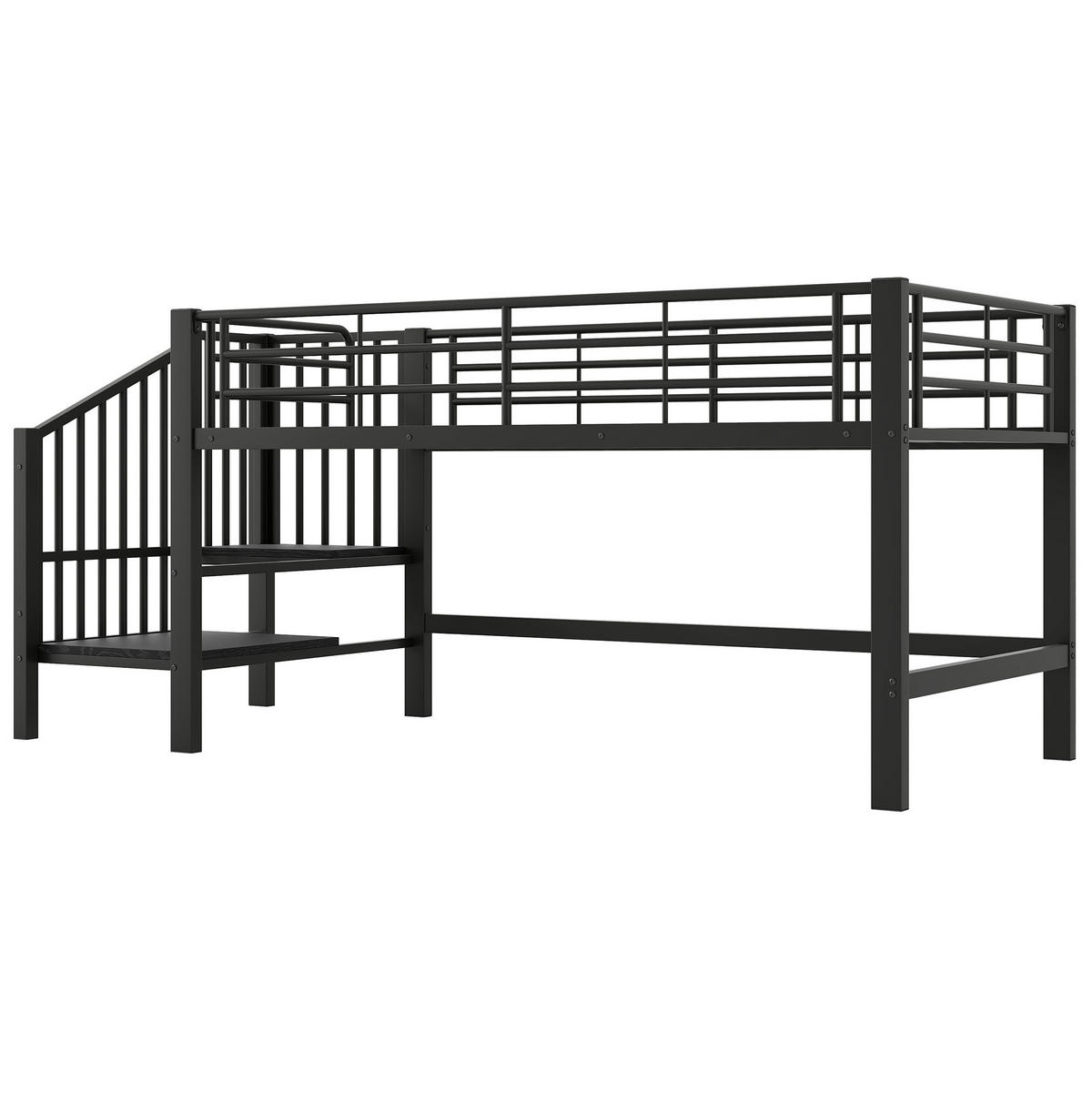 HOCHBETT aus MDF und Metall 90x200 cm Schwarz mit Stauraumtreppe und platzsparendem Design - Schwarz, Holzwerkstoff (90/200cm) - Modfu